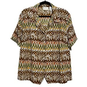 Alfred Dunner 18W Brown Multicolor Abstract Button Down Short Sleeve Blouse